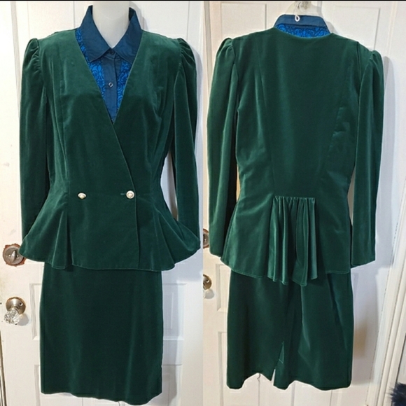 Vintage Green Velvet 80s Peplum Power Suit - Picture 16 of 16